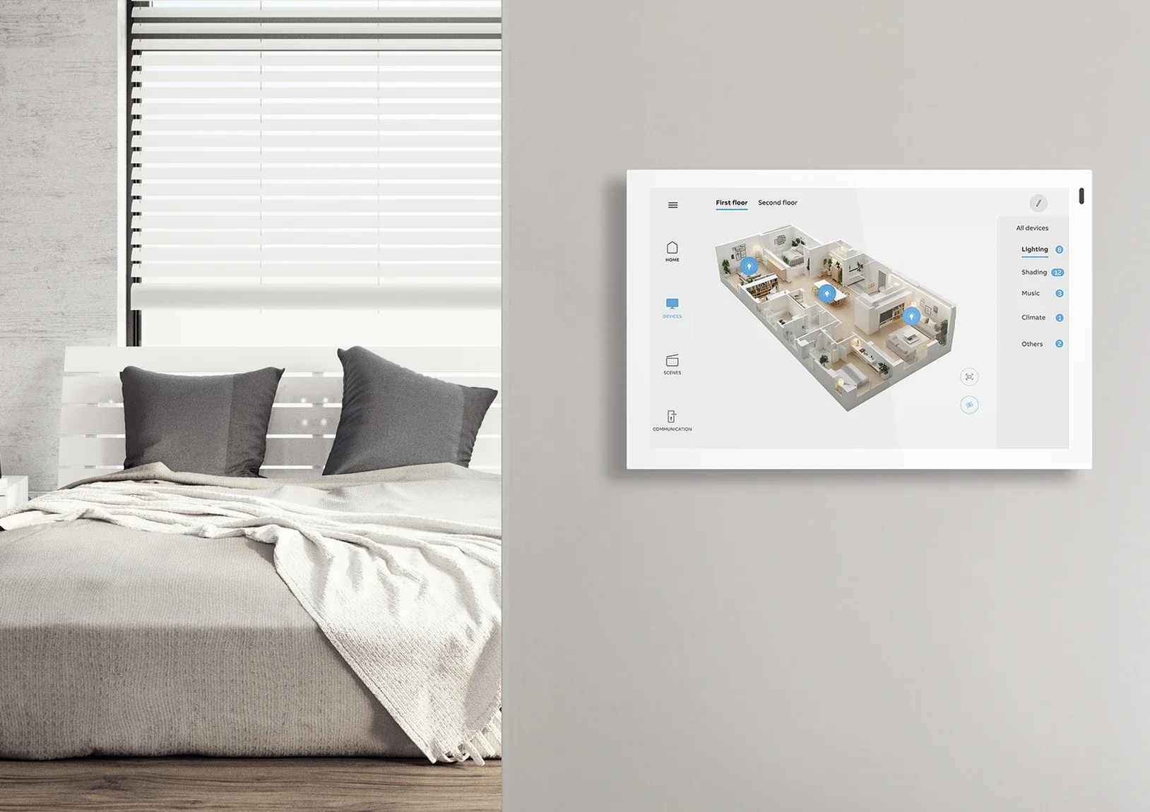 A touch display on the wall by the bed shows a floor plan of the apartment