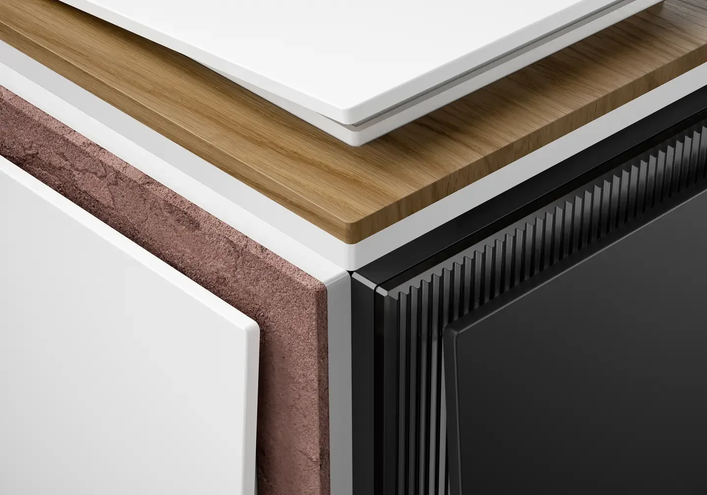 The corners of Busch art linear frames: white, oak, stone and black