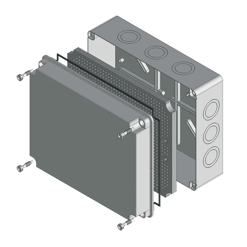 Drawing of a gray PH junction box taken apart: lid, gasket, back plate and box