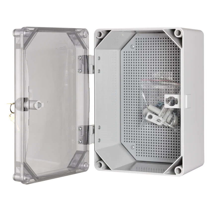 An open gray UNI box with a transparent lid and a perforated base