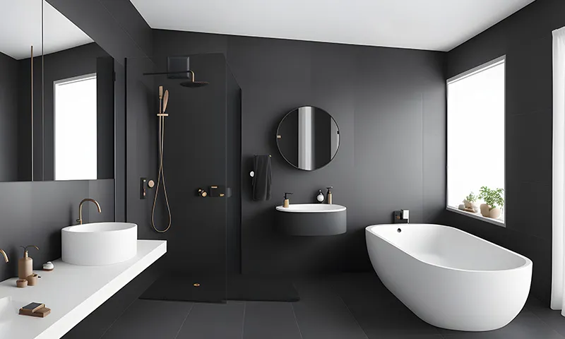 Dark tiled bathroom with a black Helios fan