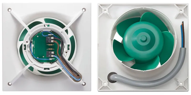 MiniVent M1 opened: cable space and screwless clamps beside the impeller