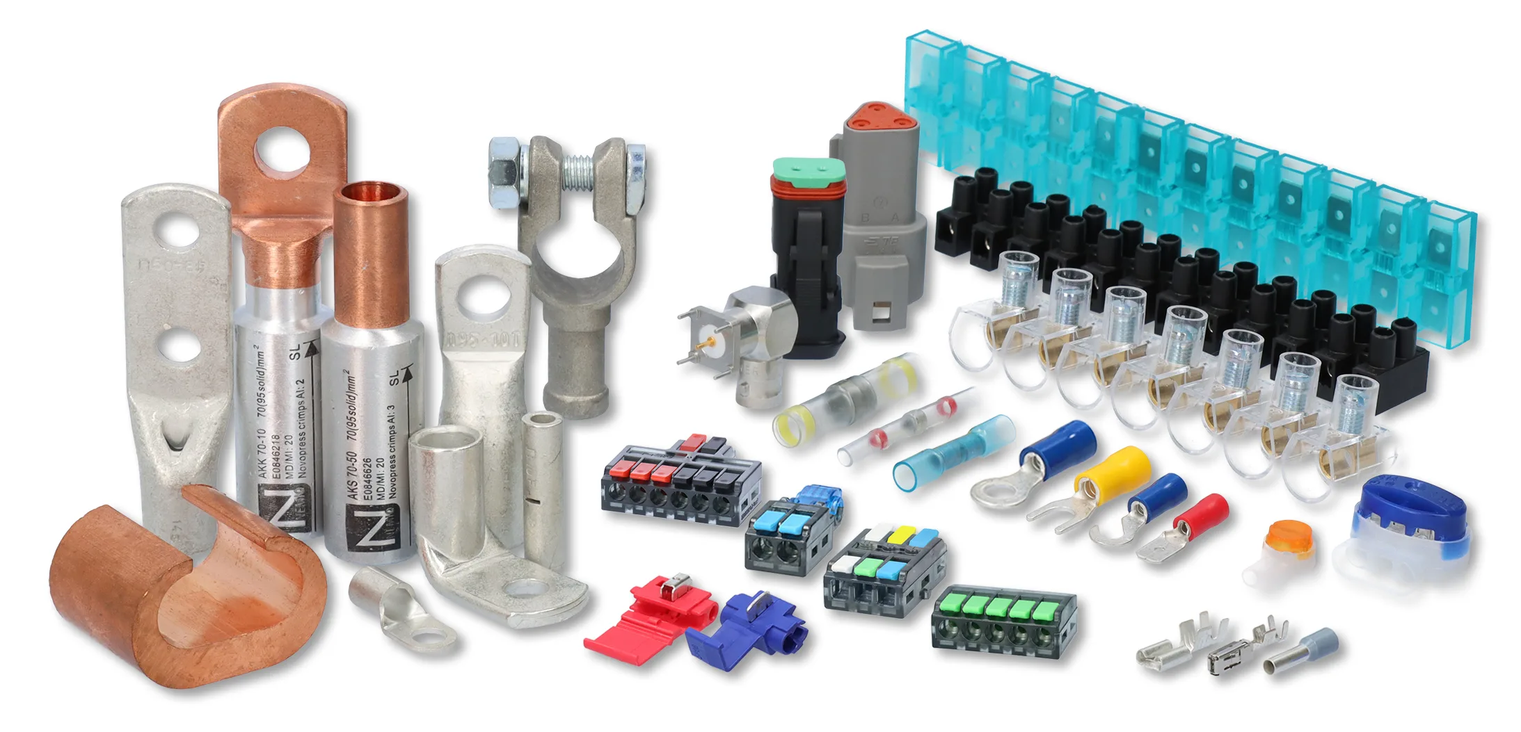 Cable lugs, connectors and heat shrink from Nelco on a white background