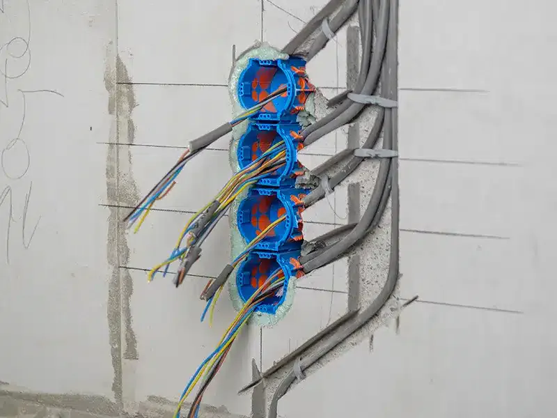 Five PRIMO Thermo boxes in a row in a block wall, cables pulled in