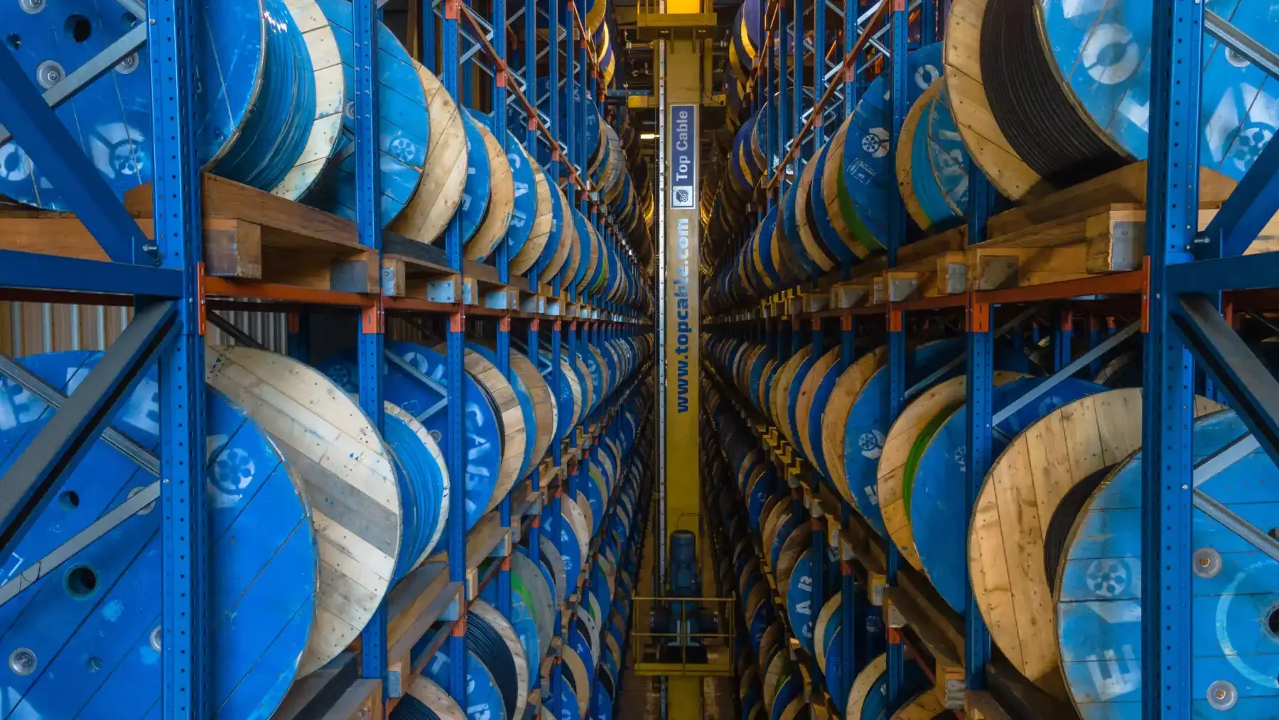 Shelves full of cable reels at the Top Cable warehouse