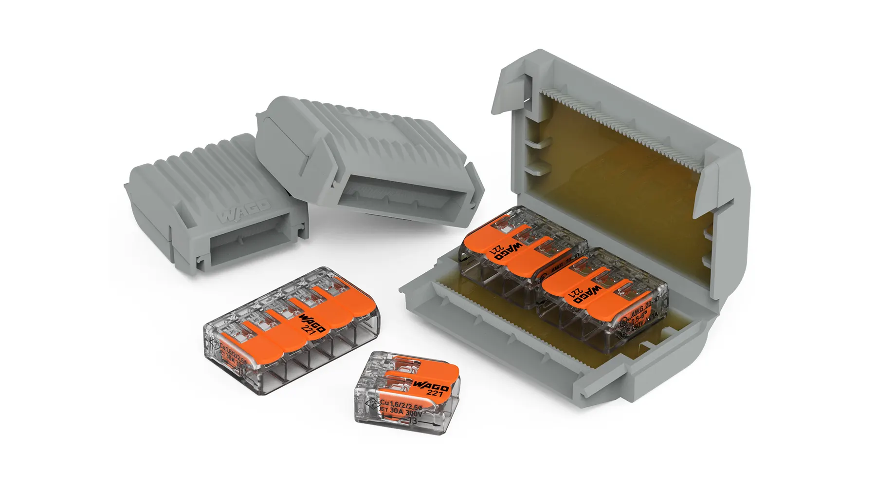 A gel box open with WAGO lever connectors inside